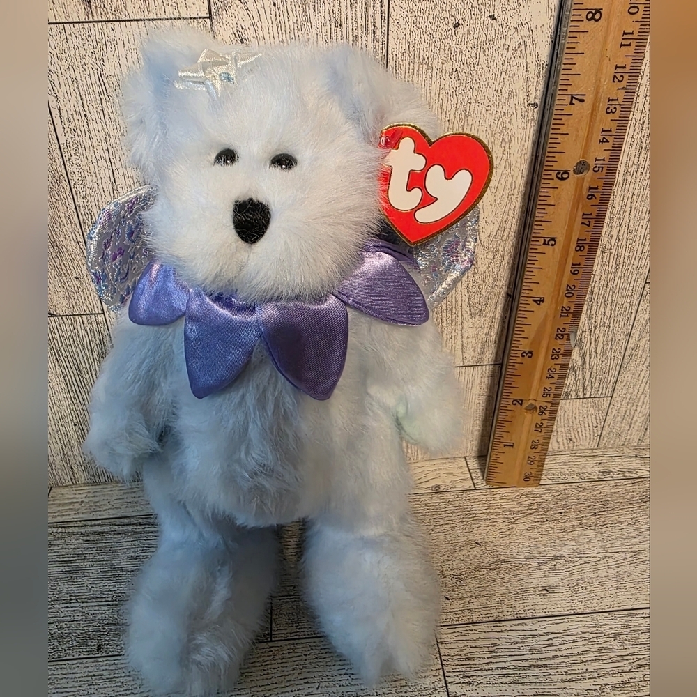 Ty Demetria Plush Bear with Purple Collar and Iridescent Wings